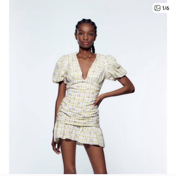 Zara Gingham Puff Sleeve Mini Dress- Green/Purple - Picture 1 of 1